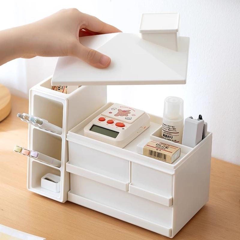 Creative Oblique Pen Holder Storage Box with Drawer Organizer Large Capacity Office Table Stationery Files Organizer with Cover