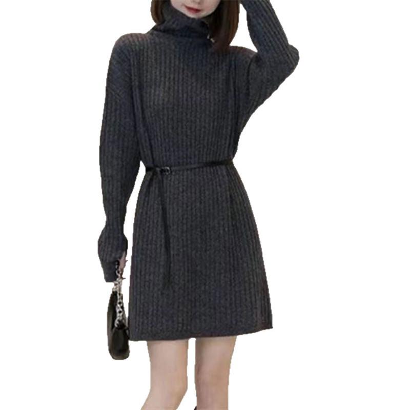 2025 Korean Style Autumn High-neck Knit Dress with Belted Waist for Women