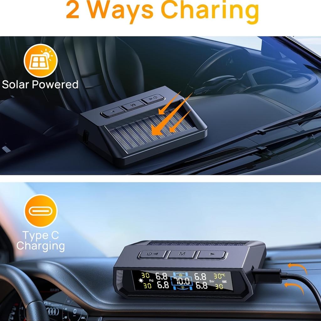 Car TPMS With USB Charging Solar Powered Display With 4 External Tire Sensor For Auto Tyre Security Device
