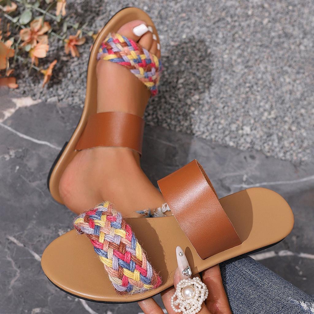 Women's Shoes 25 New One-word Woven Slippers Comfortable and Versatile Color Matching Flat Slippers Women