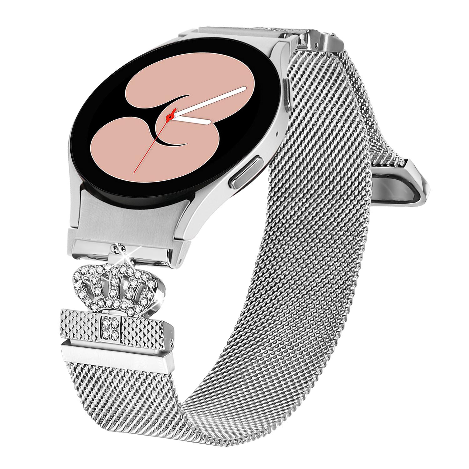 

For Samsung Galaxy Watch4/5 Milanese Bands with Connector Magnetic Crown Clasp Silver Stainless Steel Strap A