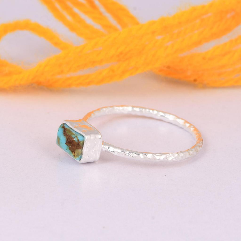 Natural Kingman Turquoise Ring, 925 Sterling Silver Texture Band Jewelry for Women, Special Gift for Her, Love, Crush and Girlfriends.