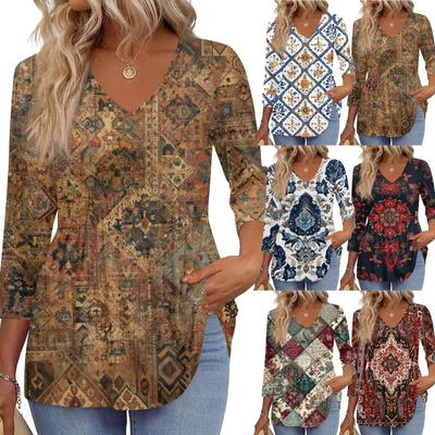 Women's T Shirt Print 3/4 Sleeve Fashion Basic V- Neck Regular Top