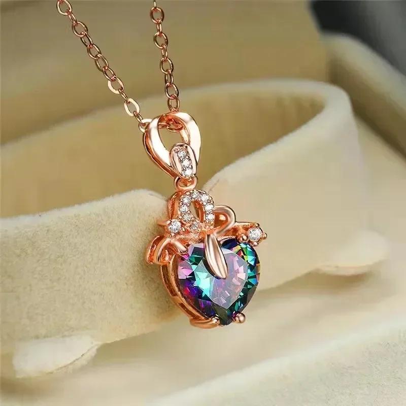 

Gift Unique Multi-Colored Heart Cz Pendant Necklace For Women Gorgeous Bride Wedding Anniversary Party Trendy Jewelry 45cm
