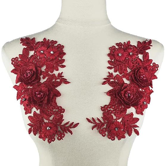 1 Pair Lace Flower Applique Beaded Rhinestones Sew On Embroidered Patches Applique Décor for Wedding Dress DIY Sewing Craft Decoration, Black 9.2 x