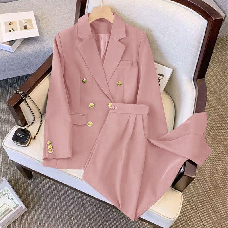 Women's Solid-Color Elegant Suit Set for Spring/Fall Youthful and Slimming Blazer + Relaxed-Fit Trousers Two-Piece Set