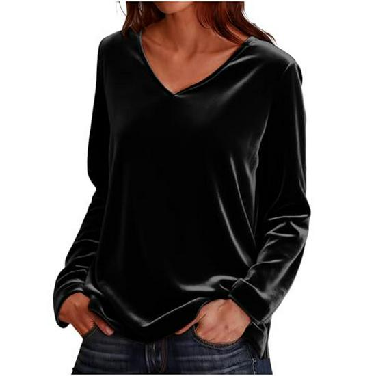 2026 Europe & America Spring/Autumn Women's V-Neck Long Sleeve Loose Solid T-Shirt