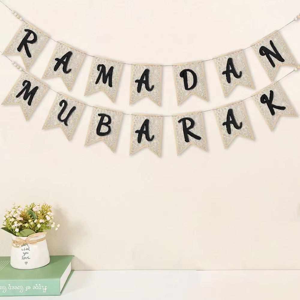 Wooden Ramadan Banner Openwork Pattern Eid Hanging Ornaments Crafts Mubarak Banner  Wall