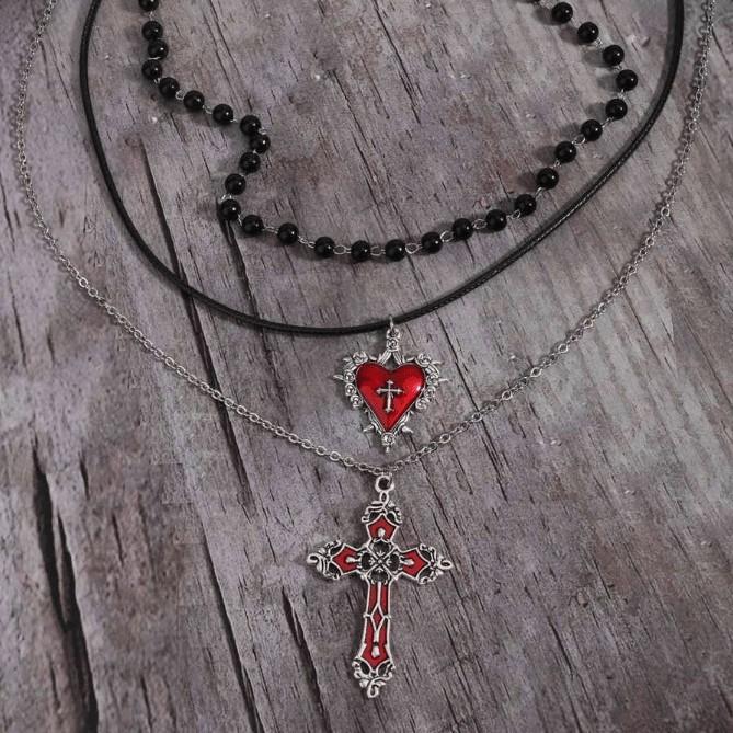 Gothic Vintage Heart Pearl Cross Pendant Necklace With Alloy Chain For Women