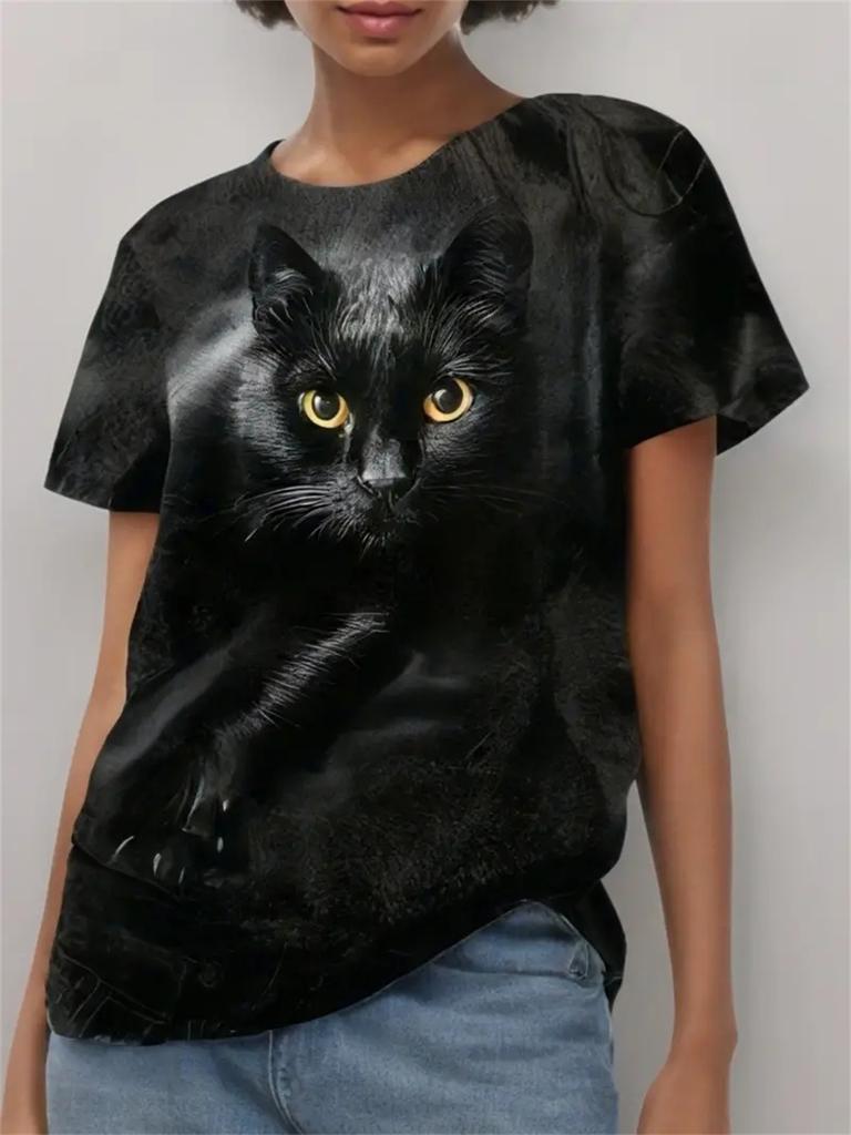 2025 Damen T-Shirt Lässig Mode Kurzarm Neu Lustig Cartoon Tier Katze 3D Druck T-Shirt Für Damen Tägliches Oberteil