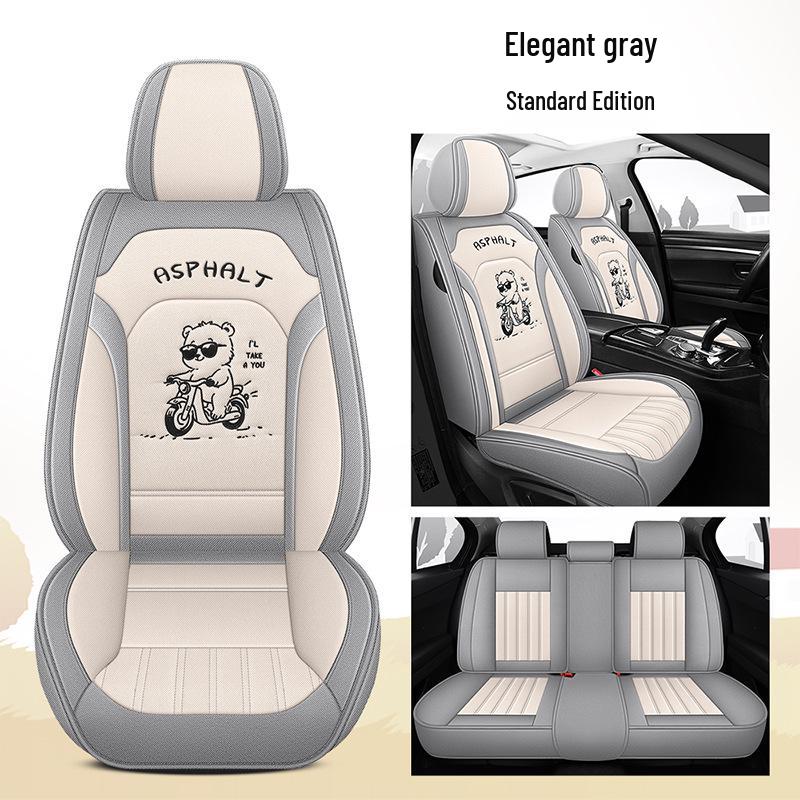 All-Season Linen Car Seat Cover - Breathable, Full Coverage with Cute Cartoon Design for Autumn/Winter