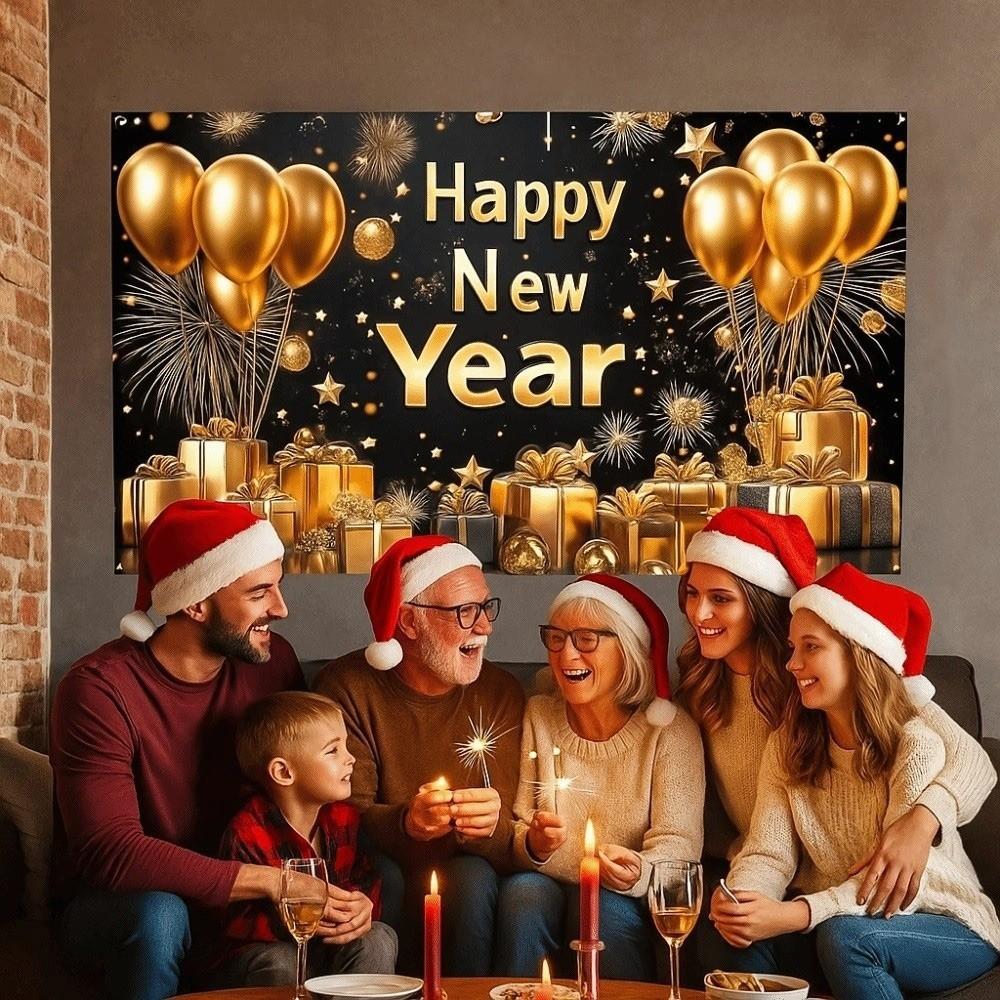 Banner New Year Backdrop 150x100CM Polyester 2026 Background Cloth Black Golden Printed New Year Wall Decor Cloth Garden
