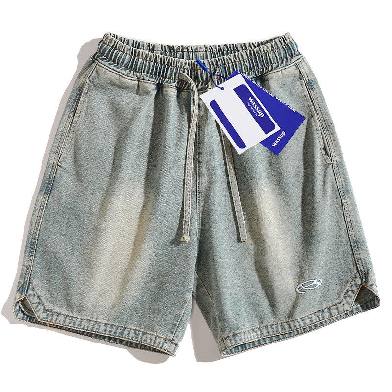 Wassup American Retro Washed Straight-Leg Denim Shorts for Men, Trendy Hip-Hop Street Style Loose Wide-Leg Five-Point Pants