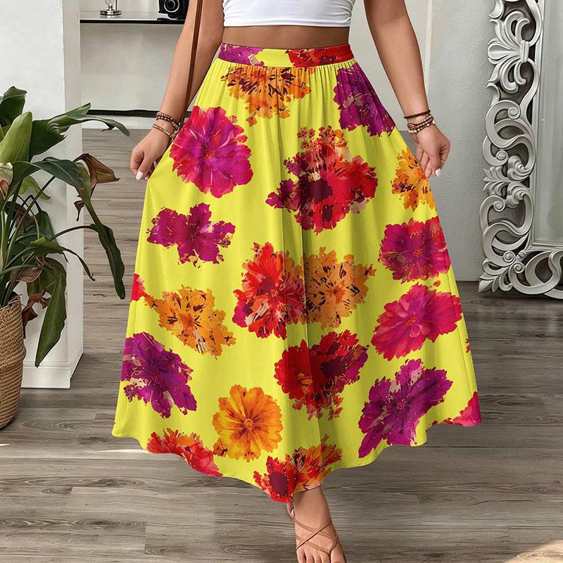 Vintage Floral Maxi Skirt Women High Waist A-Line Boho Resort Flowy Long Skirt