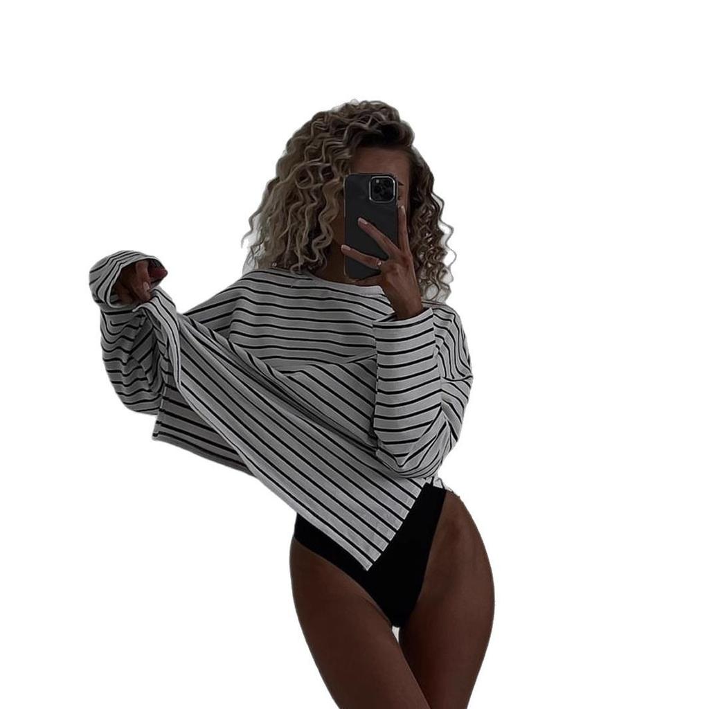 Dámská nadměrná trička s dlouhým rukávem Jaro Podzim Základní pruhované tričko s kulatým výstřihem Mikiny Ležérní volný střih Bavlna Cvičební pulovry Topy pro ženy