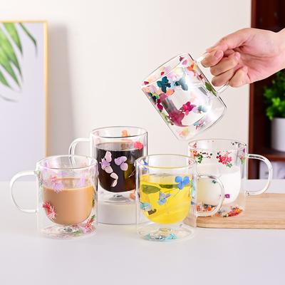 Tasse Double Exportation Fleur Réelle Fleur Séchée Verre Borosilicaté Haute Valeur Tasse à Lait Tasse à Jus Tasse à Café
