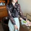 Gentle French Bow Top Women's Long Sleeved Floral Chiffon Shirt New Chic and Stylish Small Shirt