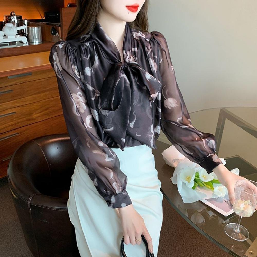 Gentle French Bow Top Women's Long Sleeved Floral Chiffon Shirt New Chic and Stylish Small Shirt