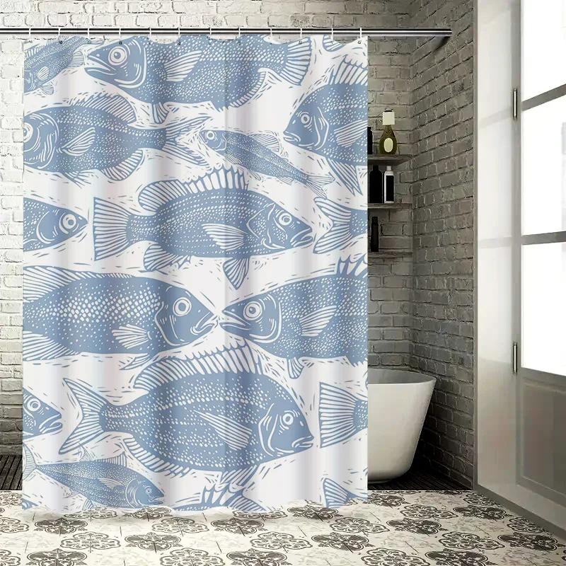 Blue Fish Shower Curtain Decorative Bathroom Waterproof Fabric Bath Mats for Home Decoration White Blue Floral Pattern Watercolo