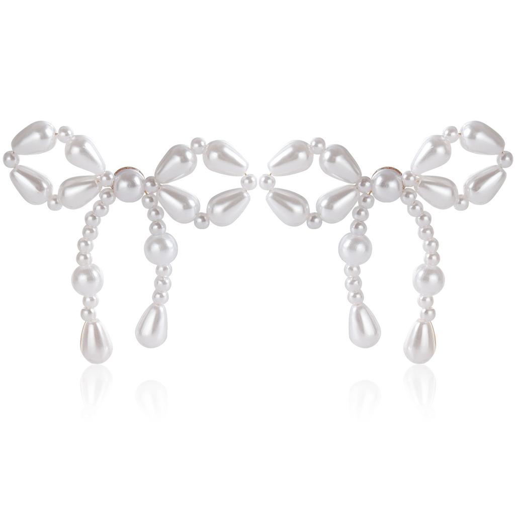 Cross-Border Jewelry, Retro Imitation Pearl Bow Floral Hand-Woven Earrings Internet Celebrities Popular Earrings Women