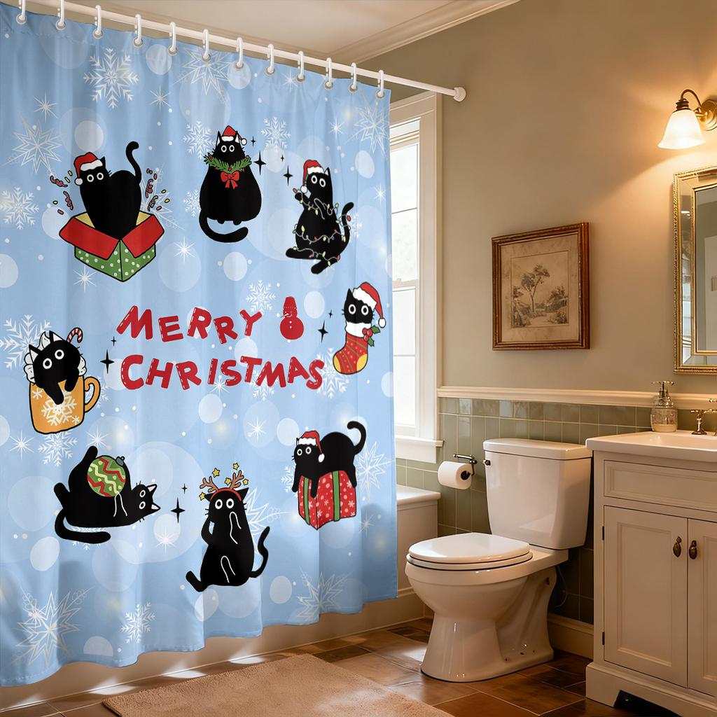 GAE1 Christmas black cat print waterproof shower partition privacy hanging curtain 12 hooks multi size decoration machine wash
