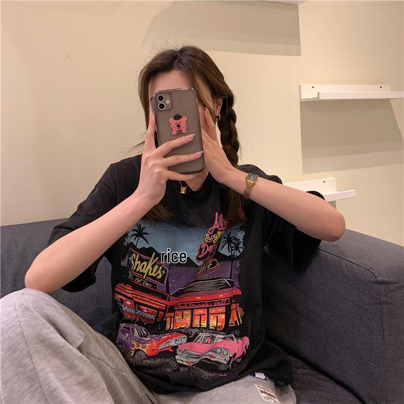 T-Shirt im koreanischen Stil mit Retro-Print, lockere Passform, kurze Ärmel für Damen - Übergröße, Frühjahr 2023