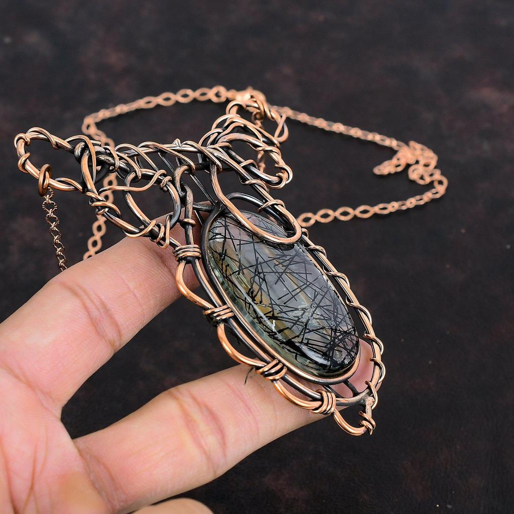Black Rutile Necklace Copper Wire Wrapped Necklace Adjustable Chain Necklace Handmade Gemstone Necklace Copper Wire Jewelry Engagement Gifts