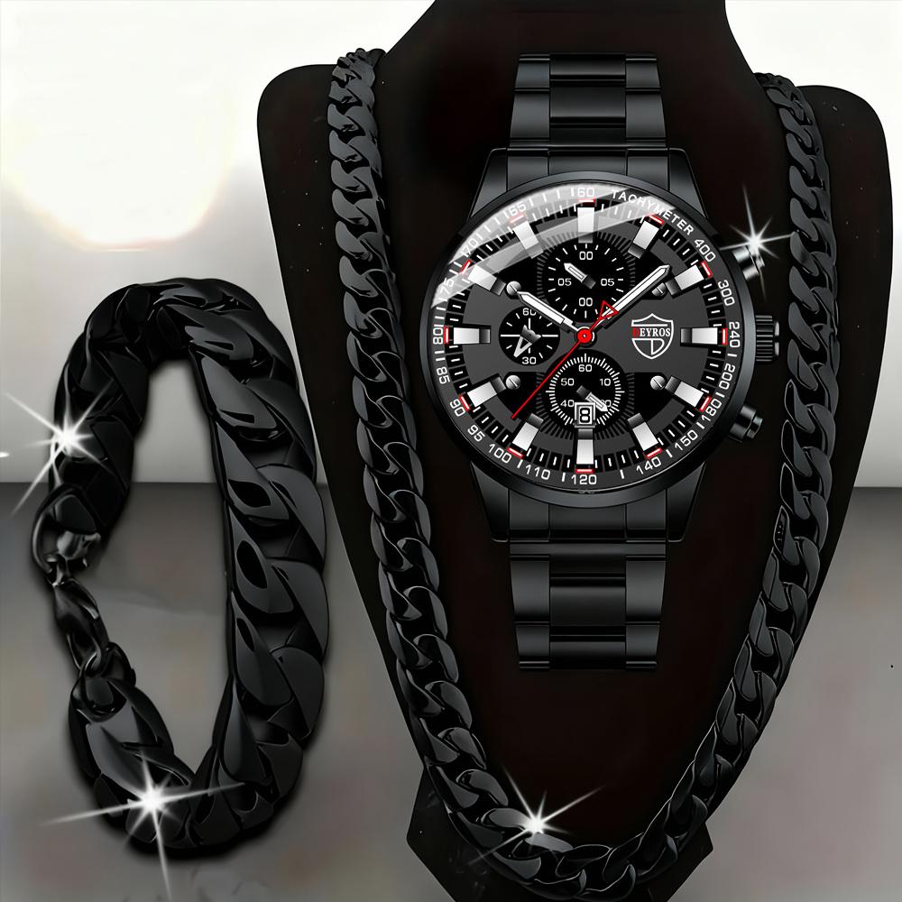 Спортивный набор часов 3 шт. Мужской кварцевый набор часов Мужской браслет Мужское ожерелье Набор браслетов из нержавеющей стали Повседневные часы для мужчин чёрный