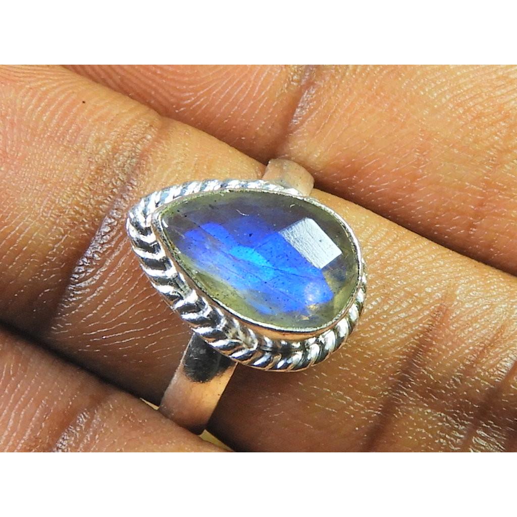 Natural Labradorite 925 Sterling Silver Pear Handmade Vintage Ring Size US-7 MK-95