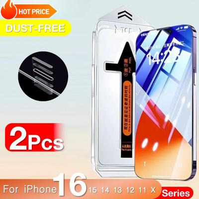 2Pcs For Apple iPhone 16 Pro Max 15 14 13 12 11 X Xs XR Plus 5G Tempered Glass Screen Protector Easy Install Removal Kit