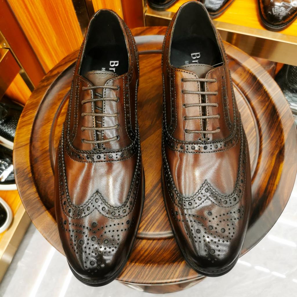 Fashion Luxury Men's Dress Shoes Genuine Leather Brogue Wingtip Toe Oxford Black Brown Lace-Up Business Wedding Formal Men Shoes