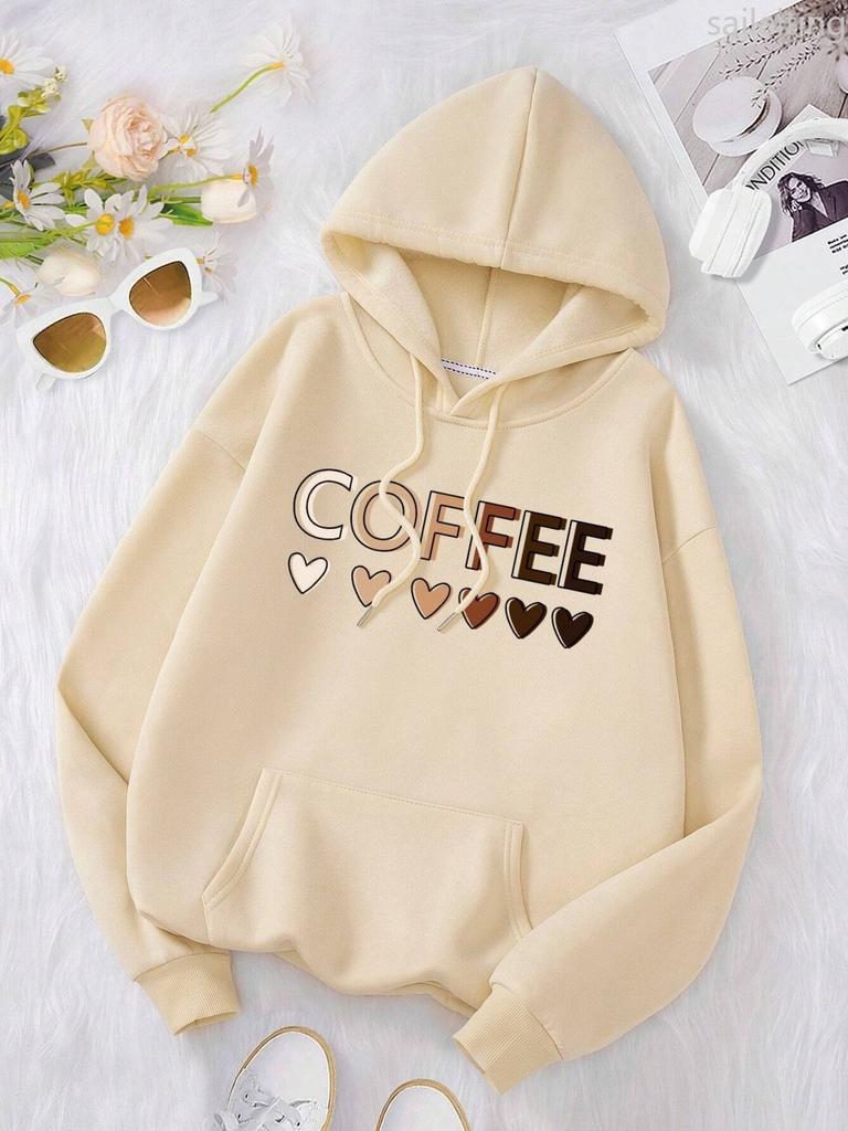 Love Coffee Funny Letter Graphic Printing Hoody Woman Fashion Sweatshirt Casual Kangaroo Pocket Hooded Autumn Clothing