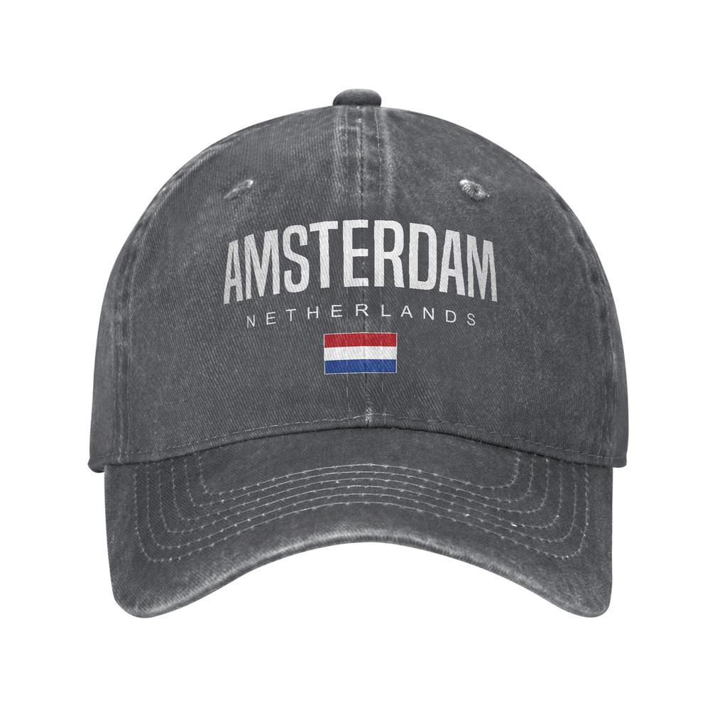 Amsterdam Niederlande Flagge Unisex Damen Baseballkappe Holland Used Denim Kappen Hut Mode Outdoor Workouts Verstellbare Kopfbedeckung