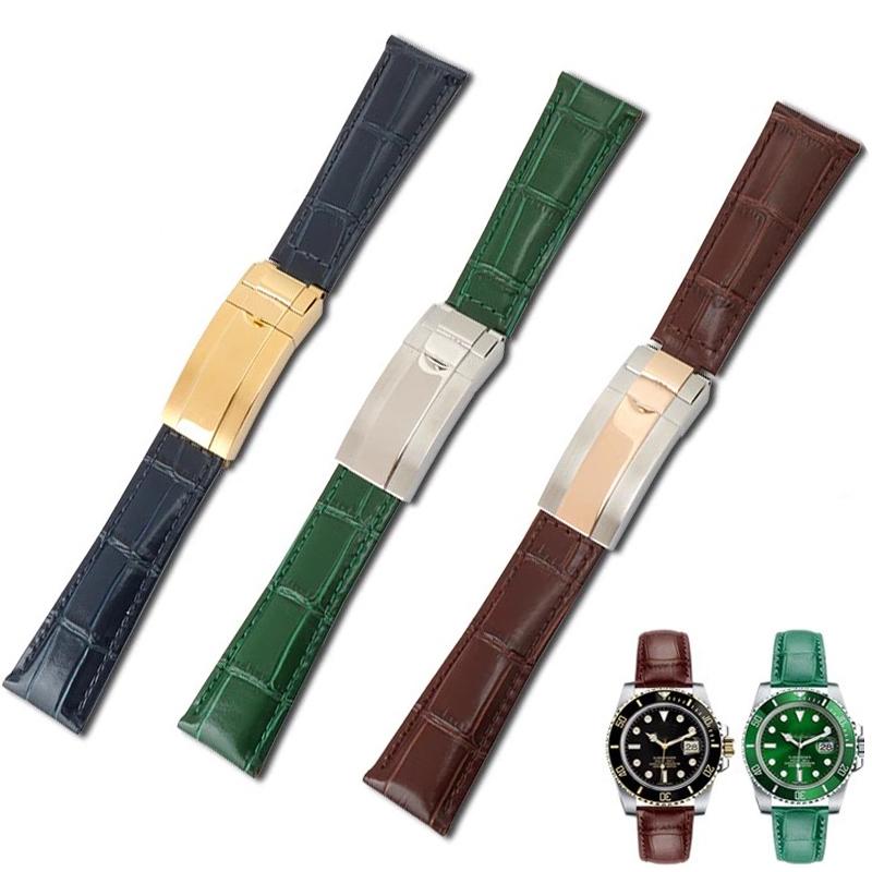 Genuine Leather Accessory for Rolex Daytona Datejust Black Green Submariner Long Wearing Comfort Folding Buckle Watchband 20mm