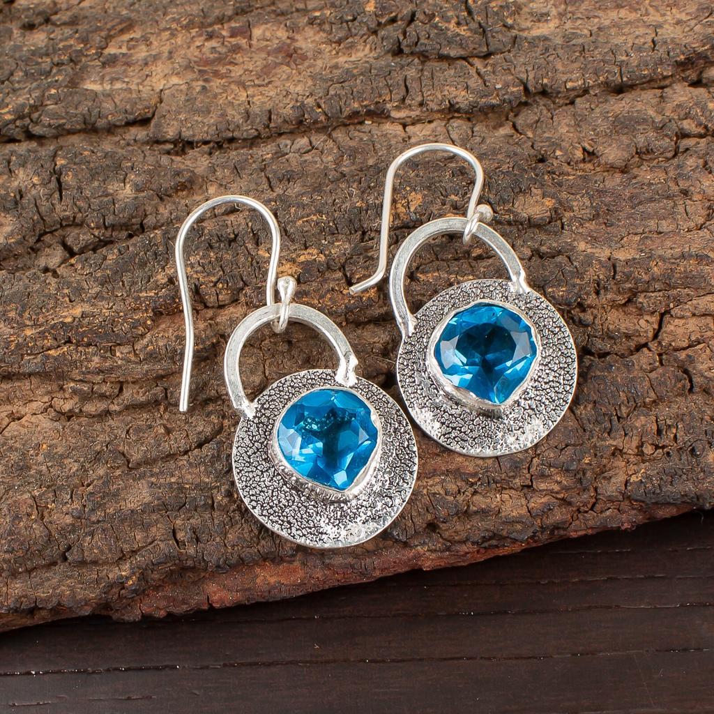 Swiss Blue Topaz Gemstone 925 Sterling Silver Jewelry Handmade Earrings 1.30" EE-63-11