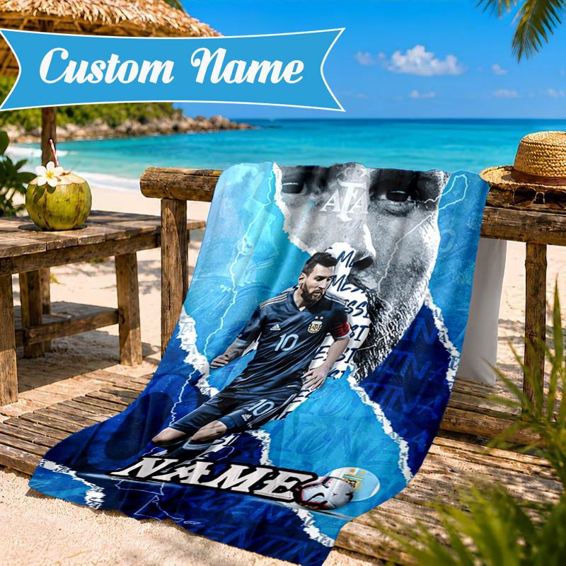 Custom Name Me-ssi football Beach Towel Microfiber Beach Towel, Lightweight and Quick-Dry, for Summer Travel, Swimming Pool Gift