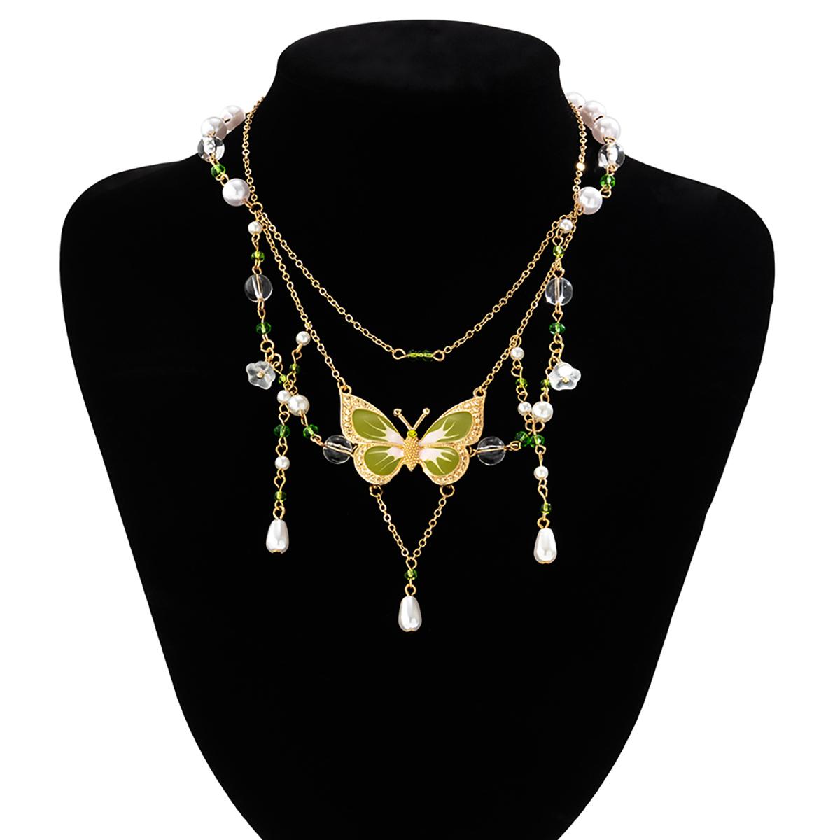 Imitation Pearl Bead with Big Butterfly Pendant Necklace for Women Trendy Choker Collar on Neck Wedding Jewelry Accessories Gift зелёный