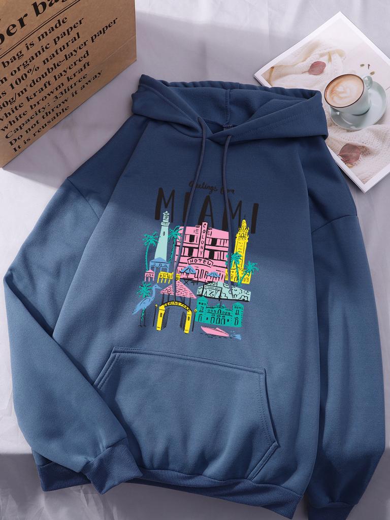 Greetings From Miami Printing Hoodies Women Casual Pocket Hoody Winter Fleece Warm Sweatshirts Basics Sporty Womans Streetwears