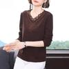 Damenbekleidung Herbst Winter Stilvolle Strassspitze Patchwork Dicke Basic T-Shirts Damen Einfarbig V-Ausschnitt Langarm Locker Oberteile