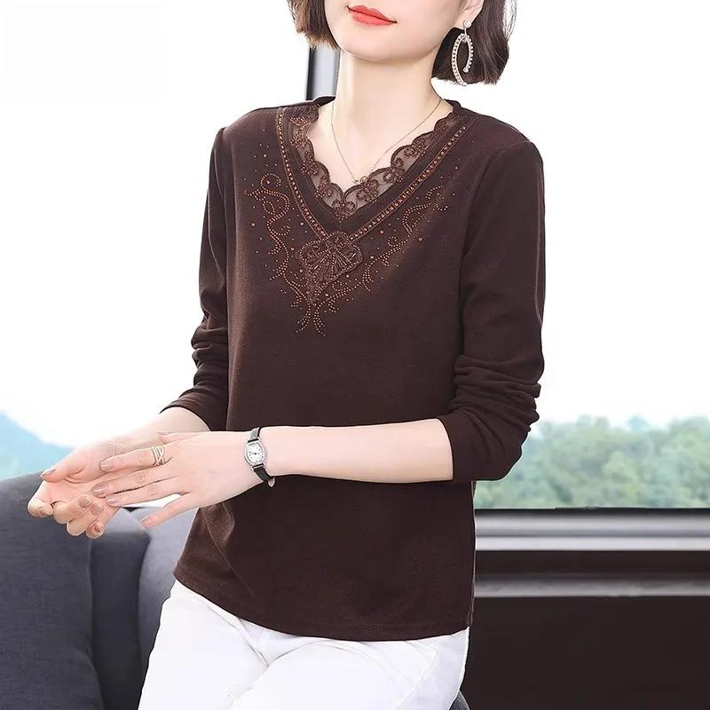 Damenbekleidung Herbst Winter Stilvolle Strassspitze Patchwork Dicke Basic T-Shirts Damen Einfarbig V-Ausschnitt Langarm Locker Oberteile