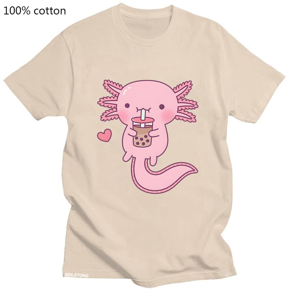 Bubble Tea Women Tshirts Pink Axlotl Kawaii Print T-shirt Street Hip Hop Crop Top Cool Summer Tee Shirt Cotton Fashion Clothing