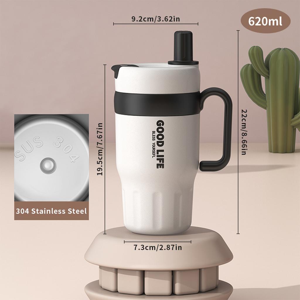 620Ml Large Capacity Thermos Cup With Straw 304 Stainless Steel Double Wall Coffee Mug Portable Sealed Water Bottle For Student