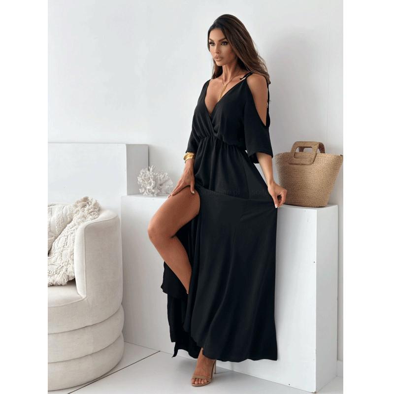 2024 Summer Women's Solid Color Lace-Up Waist Slit Dress with Hollowed-Out Design