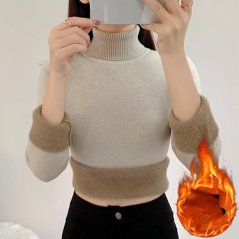 Zimní svetr s rolákem Dámský pletený svetr Tenké topy Elegantní tlustý sametový podšitý teplý svetr Jersey pletený svetřík