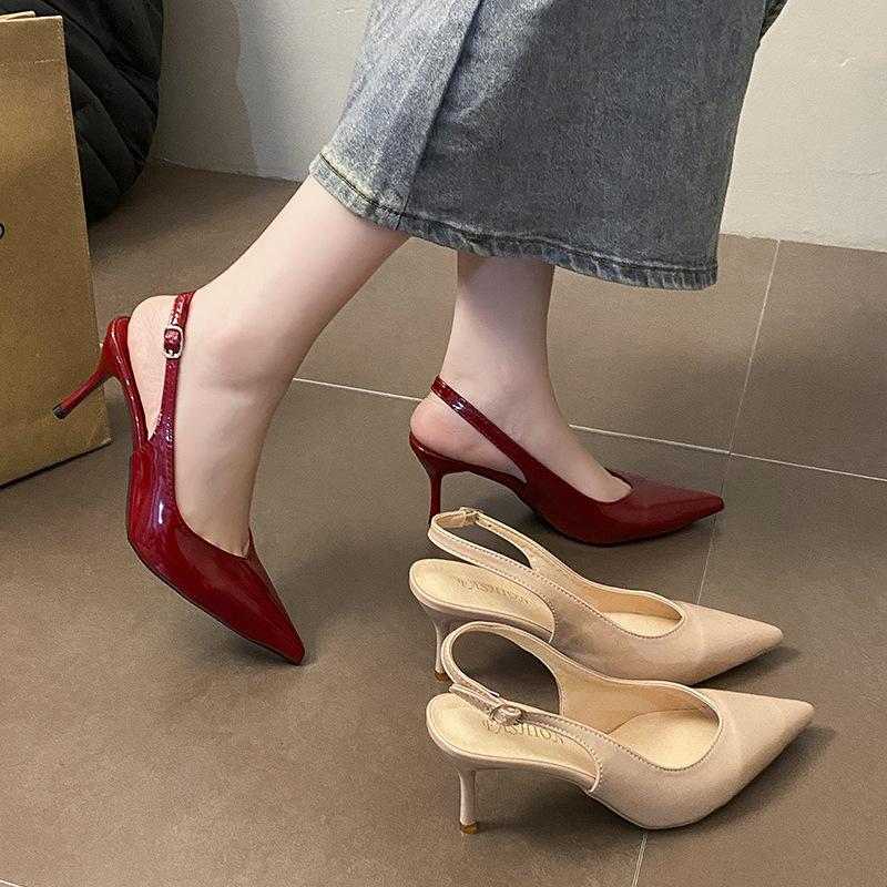 2025 French Bag Head Sandals Women's Spring and Summer New Rhinestone Rear Thin Heel Temperament Socialite Pointed High Heel Sandals