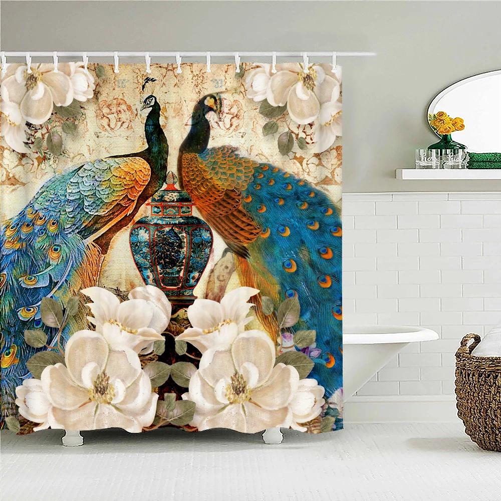 3D Flowers and Birds Peacocks Shower Curtain Waterproof Bathroom Curtains Polyester Home Decor Bathtub Curtain Screen with Hooks