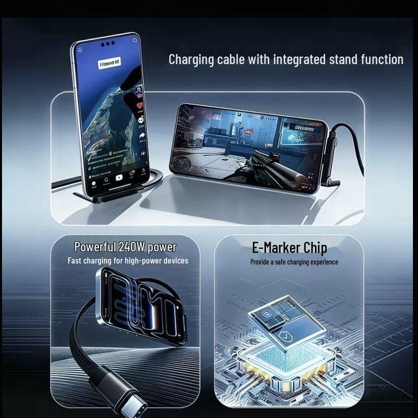 240W Foldable Phone Holder & Fast Charging Data Cable for Apple, Huawei, Type-C Devices
