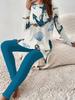 Crew neck long-sleeved set slim-fitting sports retro pattern printed slim-fitting yoga trousers set