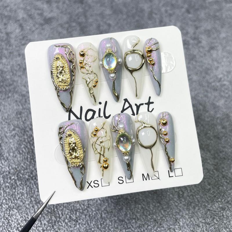3D Embossed Luxury Palace Style Press-On Nails Long Pointed Sweet Edgy Acrylic Nail Tips Women Small