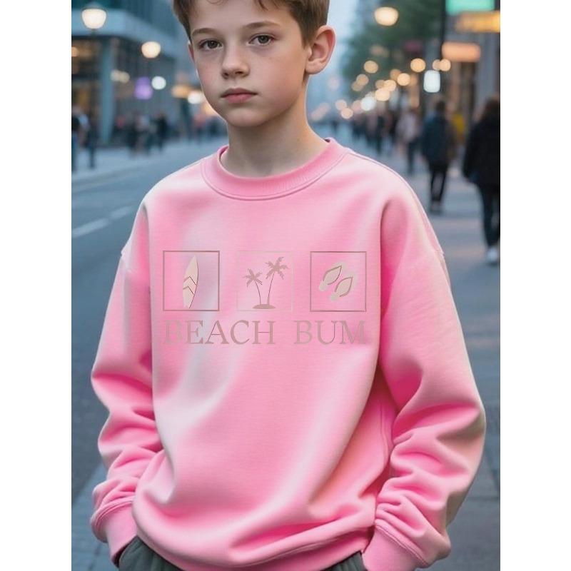 Kids Unisex Crewneck Sweatshirt, Beach Bum Surfboard Palm Tree Flip Flop Print Long Sleeve Pullover, Soft Sweatshirt for Boys Girls Over 4 Years Old